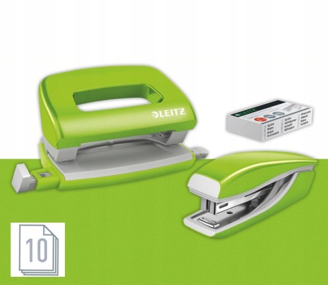 Zszywacz + dziurkacz LEITZ WOW mini 10 kartek zielony metalik 55612054 Zszywacz + dziurkacz LEITZ WOW mini 10 kartek zielony metalik 55612054