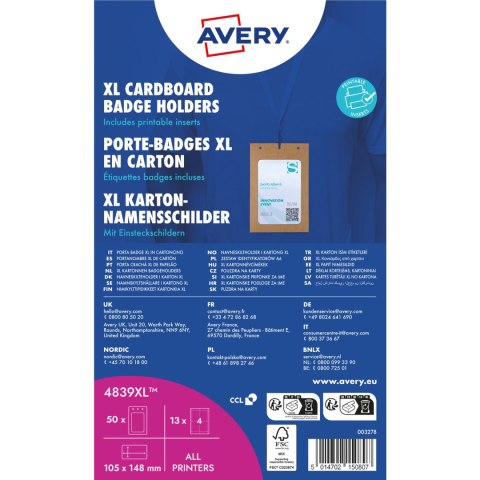 Holder na identyfikatory A6 tekturowe 105x148mm (50 sztuk+52 wkłady) 4839XL AVERY Holder na identyfikatory A6 tekturowe 105x148mm (50 sztuk+52 wkłady) 4839XL AVERY
