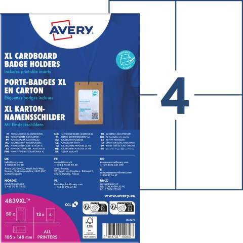 Holder na identyfikatory A6 tekturowe 105x148mm (50 sztuk+52 wkłady) 4839XL AVERY Holder na identyfikatory A6 tekturowe 105x148mm (50 sztuk+52 wkłady) 4839XL AVERY