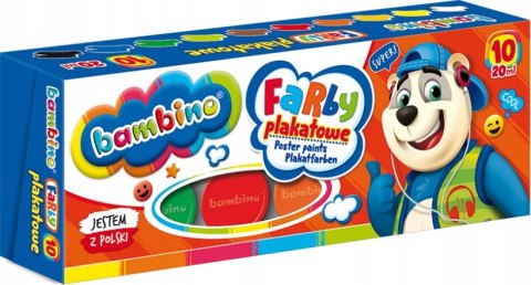 Farby plakatowe dla dzieci Zestaw 10 kolorów x 20ml BAMBINO St.Majewski Farby plakatowe dla dzieci Zestaw 10 kolorów x 20ml BAMBINO St.Majewski