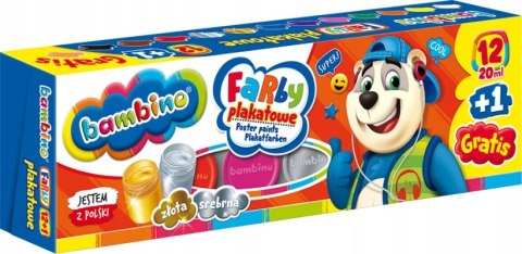 Farby plakatowe dla dzieci Zestaw 12 kolorów x 20ml + 1 farba cielista gratis BAMBINO Farby plakatowe dla dzieci Zestaw 12 kolorów x 20ml + 1 farba cielista gratis BAMBINO