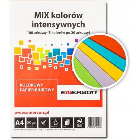 Papier ksero A4 80g mix intensywny 100ark Czerwony, Fuksja, Ciemny Niebieski, Ciemny Zielony, Żółty xem1001pwn EMERSON Papier ksero A4 80g mix intensywny 100ark Czerwony, Fuksja, Ciemny Niebieski, Ciemny Zielony, Żółty xem1001pwn EMERSON
