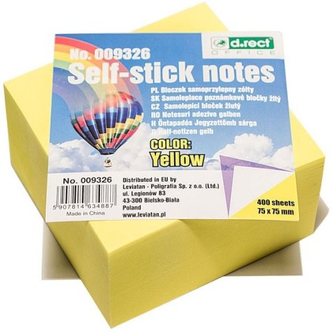 Bloczek samoprzylepny 75x75mm 400k żółty D.RECT 009326 LEVIATAN Bloczek samoprzylepny 75x75mm 400k żółty D.RECT 009326 LEVIATAN