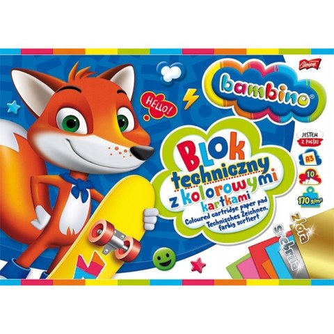 Blok techniczny szkolny A3 kolorowy + złota i srebrna kartka 10 kartek 170g BAMBINO Blok techniczny szkolny A3 kolorowy + złota i srebrna kartka 10 kartek 170g BAMBINO