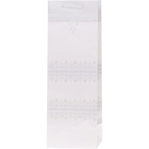 Torebka prezentowa 12x36x10cm na butelkę Lux Biała z brokatem BB ROZETTE Torebka prezentowa 12x36x10cm na butelkę Lux Biała z brokatem BB ROZETTE