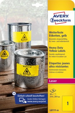 Etykieta ZF 210x297mm L6111-20 żółte poliester (20) AVERY ZWECKFORM