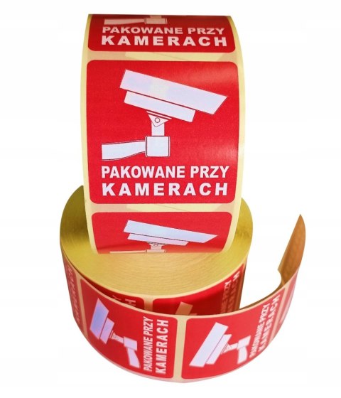 Etykieta ostrzegawcza "PAKOWANE PRZY KAMERACH" 55x55mm papierowa na roli (1000szt) BULK Etykieta ostrzegawcza "PAKOWANE PRZY KAMERACH" 55x55mm papierowa na roli (1000szt) BULK