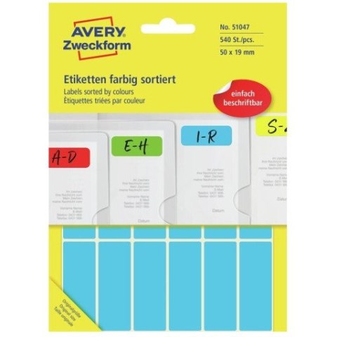 Etykieta w 5 kolorach 50x19mm (30 arkuszy = 540 etykiet) do opisu ręcznego 51047 AVERY ZWECKFORM Etykieta w 5 kolorach 50x19mm (30 arkuszy = 540 etykiet) do opisu ręcznego 51047 AVERY ZWECKFORM