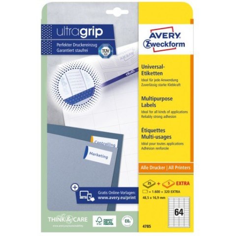 Etykiety białe ULTRA GRIP 48,5x16,9mm (25arkuszy = 1600 atykiet) 4785 AVERY ZWECKFORM Etykiety białe ULTRA GRIP 48,5x16,9mm (25arkuszy = 1600 atykiet) 4785 AVERY ZWECKFORM