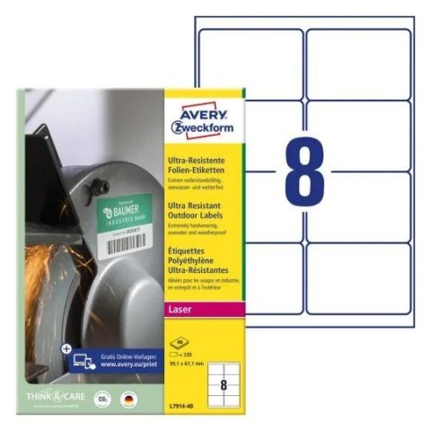Etykiety foliowe Ultra Resistant 99,1x67,7mm (40arkuszy=320etykiet) L7914-40 AVERY ZWECKFORM Etykiety foliowe Ultra Resistant 99,1x67,7mm (40arkuszy=320etykiet) L7914-40 AVERY ZWECKFORM