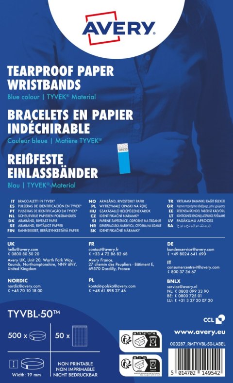 Opaski na rękę 256x19mm (50 arkuszy = 500 opasek) neonowe niebieskie TYVBL-50 AVERY Opaski na rękę 256x19mm (50 arkuszy = 500 opasek) neonowe niebieskie TYVBL-50 AVERY