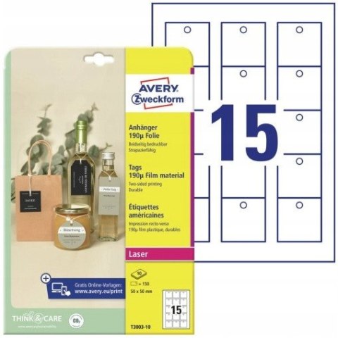 Zawieszki foliowe (10 arkuszy) 50x50mm Quick&Clean T3003-10 AVERY ZWECKFORM Zawieszki foliowe (10 arkuszy) 50x50mm Quick&Clean T3003-10 AVERY ZWECKFORM